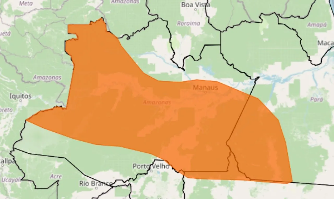 O mapa mostra &agrave;s &aacute;reas em alerta para chuva intensa